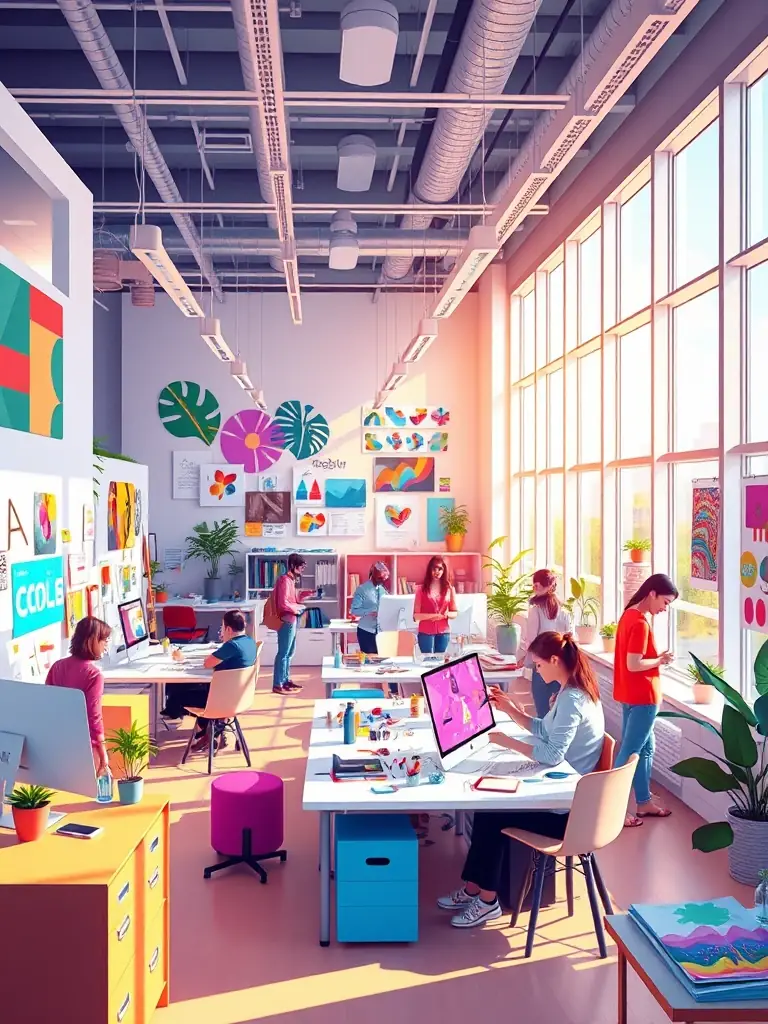 A creative team collaborating in a bright studio, sketching ad concepts and editing visuals on large screens, symbolizing creative production for digital marketing campaigns.