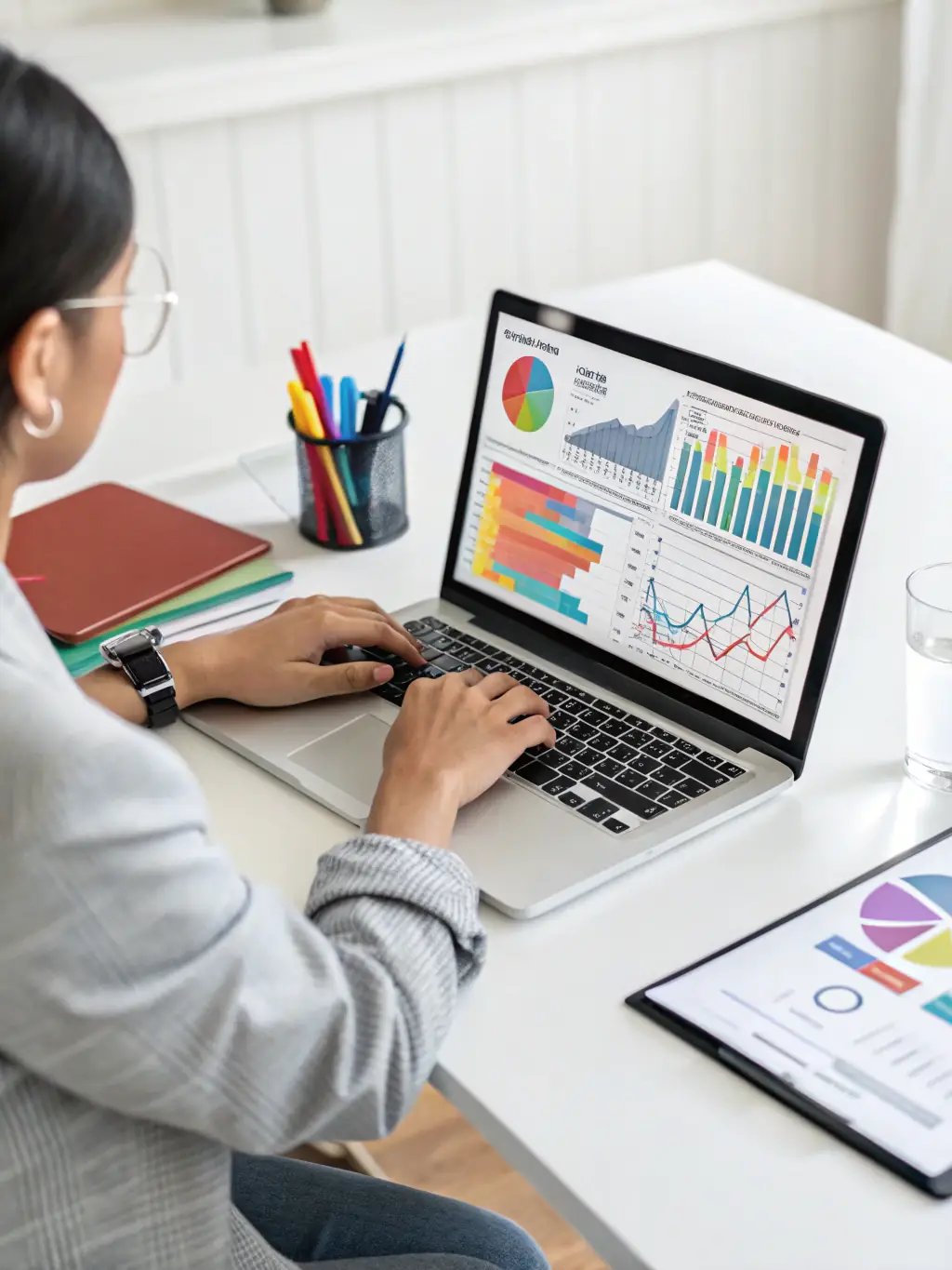 A confident digital marketer analyzing campaign data on a laptop, surrounded by digital ad icons and charts, representing strategic media buying for maximum ROI on a modern agency website.